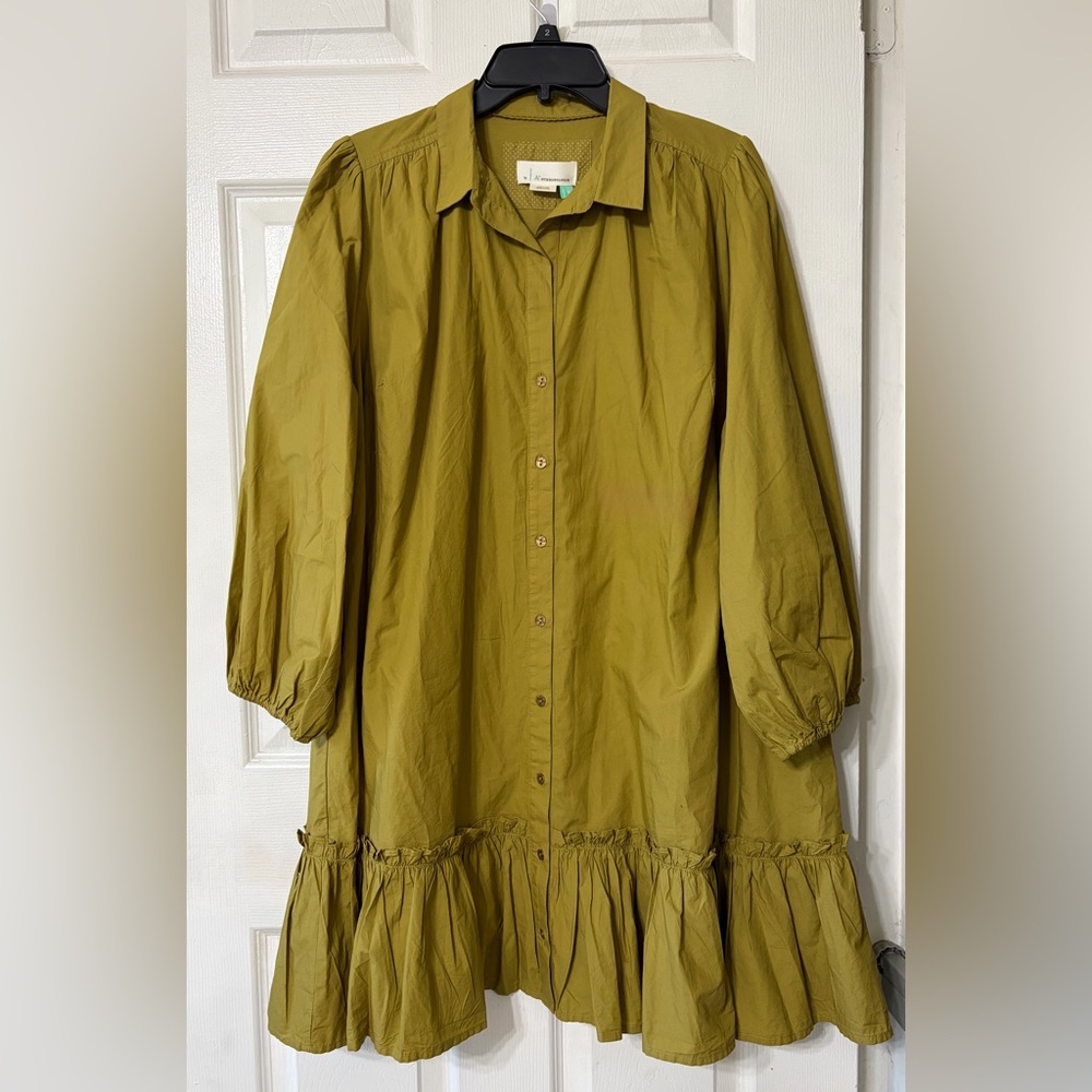 Anthropologie Women’s 1X Mustard Button-Up Ruffle Long Sleeve Dress NWT